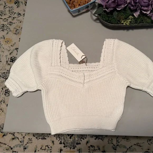 Cleobella Ivory Knit sweater with Puff Sleeves, discount, NWT - Picture 1 of 7